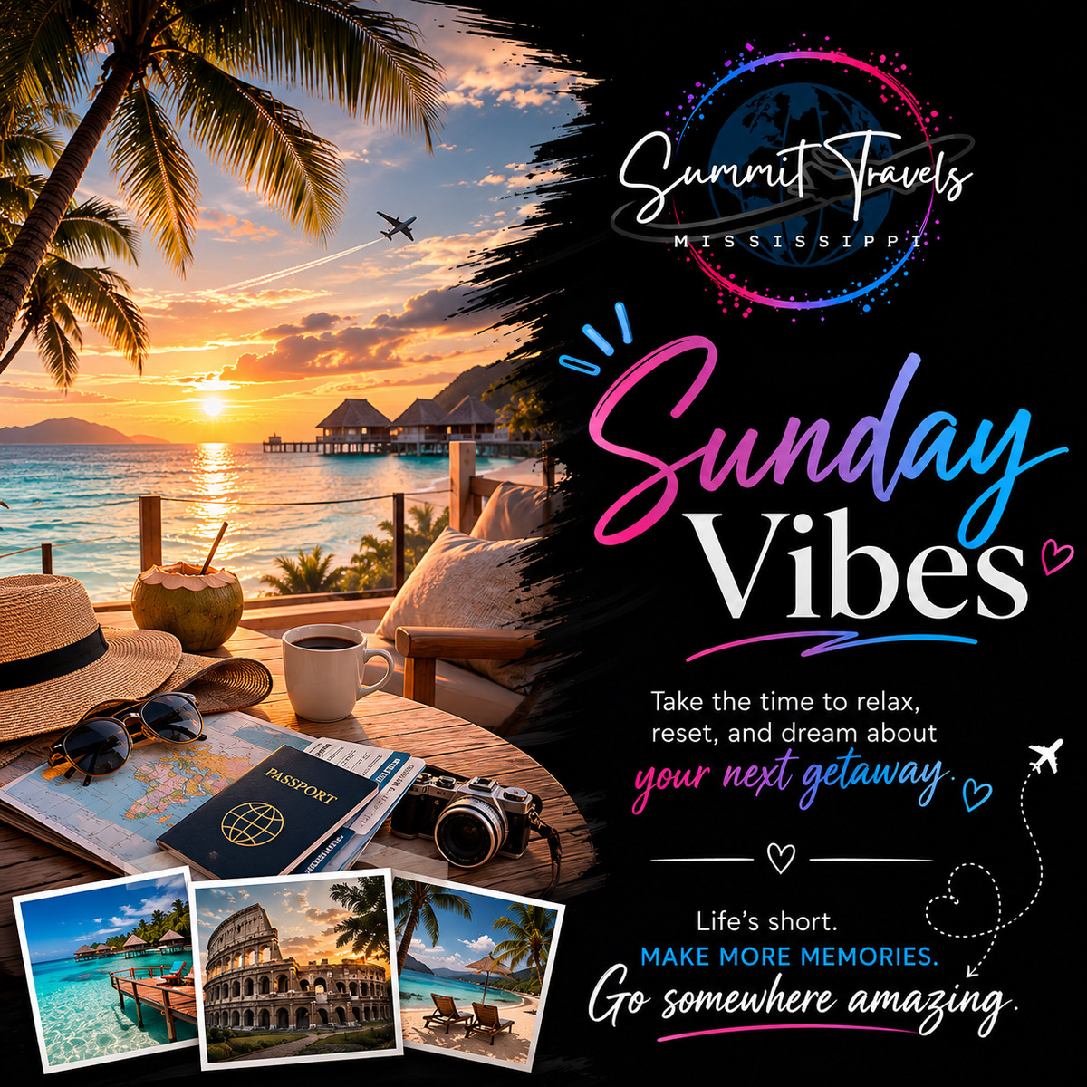 Sunday Vibes travel graphic for Summit Travels Mississippi
